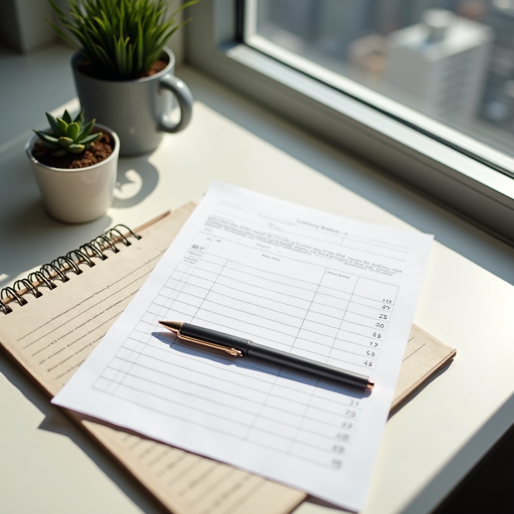 Personal budgeting worksheet on a clean desk with pen and planner