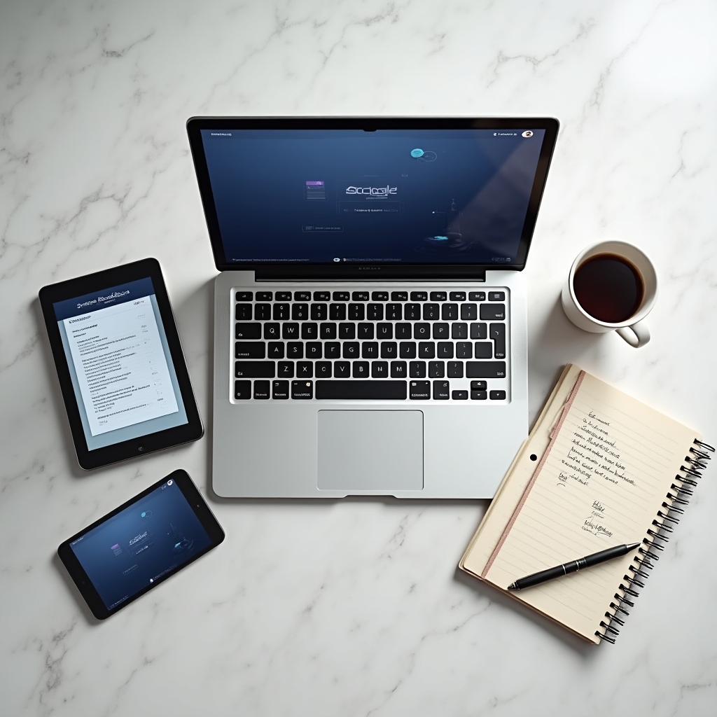 Laptop and tablet showing course interface on a modern desk with coffee and notebook