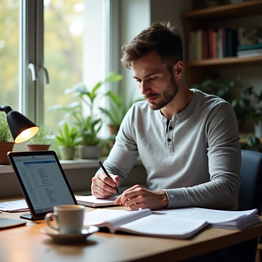 Person working through online course materials at a home desk in natural light