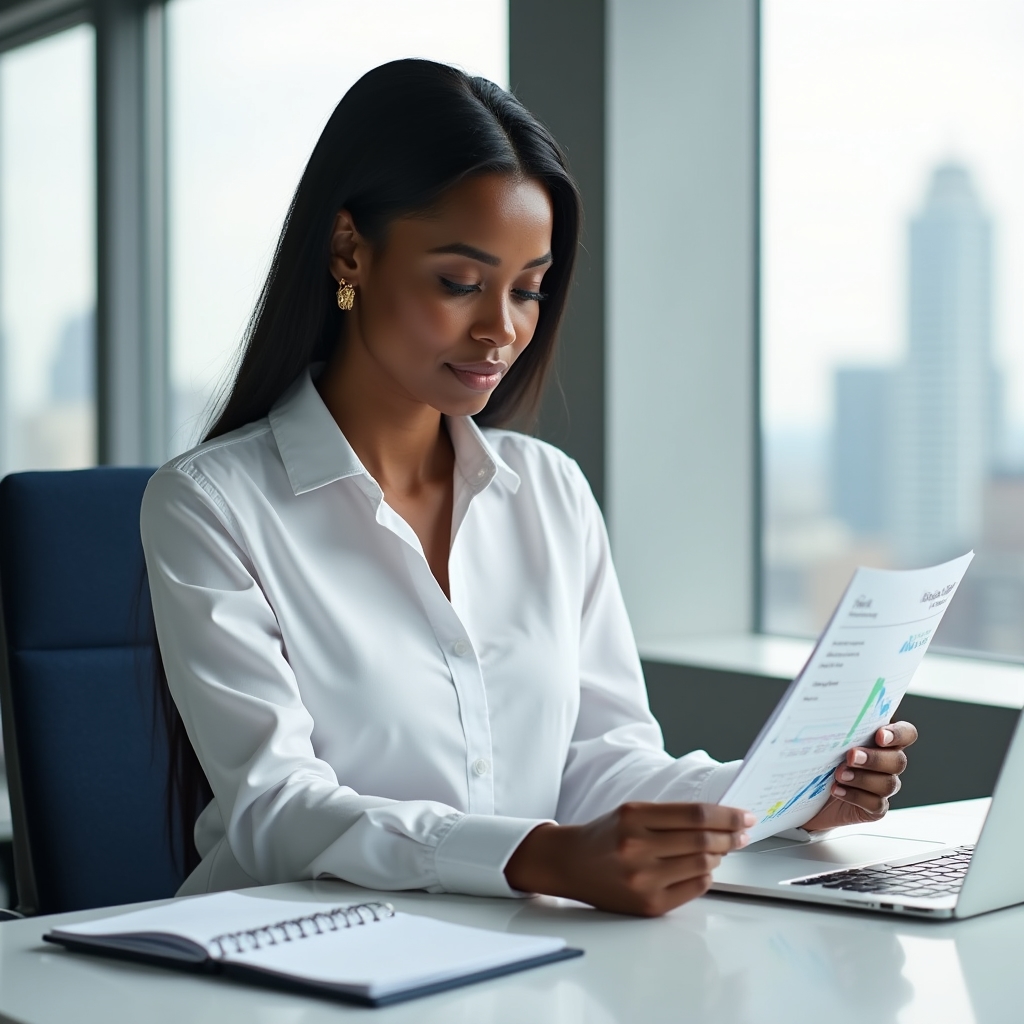 Young professional reviewing budget worksheets at a bright modern workspace